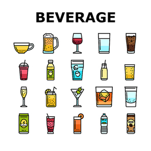 beverage drink juice fresh  icons set vector. ice tea, fruit ad splash, lemon glass soda, cold mint, cool bottle cup, liquid beverage drink juice fresh water color line illustrations