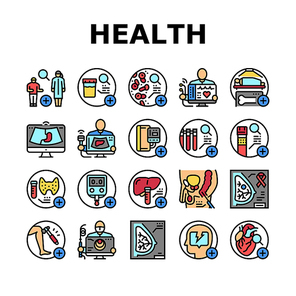 health check medical doctor icons set vector. medicine patient, hospital healthcare, clinic heart checkup, healthy man, pressure health check medical doctor color line illustrations