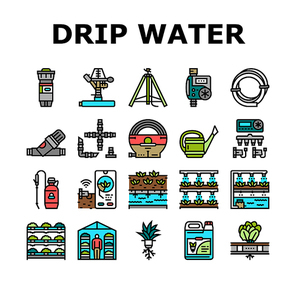 water system irrigation sprinker icons set vector. garden agriculture farm, drip field, automatic pipe, lawn spray, plant pump irrigate water system irrigation sprinker color line illustrations