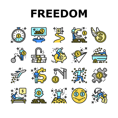 financial freedom money business icons set vector. man free success, happy rich, finance debt, businessman people wealth person relax financial freedom money business color line illustrations