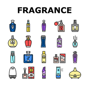 fragrance bottle perfume cosmetic icons set vector. glass product, luxury beauty spray, cologne scent perfumery, aroma package container fragrance bottle perfume cosmetic color line illustrations