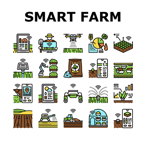 farm smart agriculture farmer icons set vector. technology digital drone, innovation plant, food sensor, future field, crop industry farm smart agriculture farmer color line illustrations