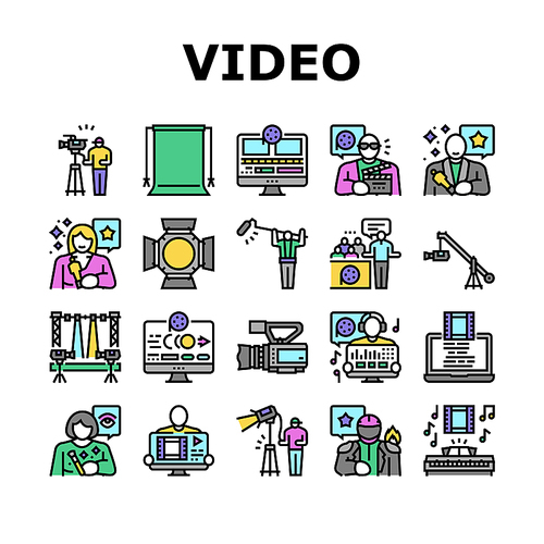 video production film studio icons set vector. movie camera, media studio, digital profession tv, television industry, cinema shoot video production film studio color line illustrations