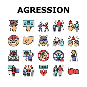 violence first aggressive hand icons set vector. anger conflict, aggression human fight, man people abuse, angry power crime protest violence first aggressive hand color line illustrations