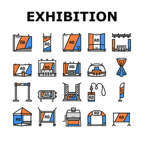 stand trade show event booth icons set vector. exhibition advertising promo information, poster showcase, stroke board, promotion stand trade show event booth color line illustrations