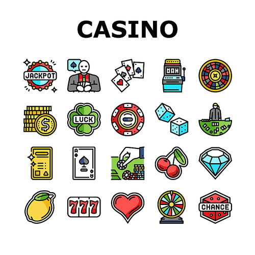 casino slot game jackpot poker icons set vector. card machine, money chip, roulette dice luck, blackjack, ace gamble bet, cherry coin casino slot game jackpot poker color line illustrations