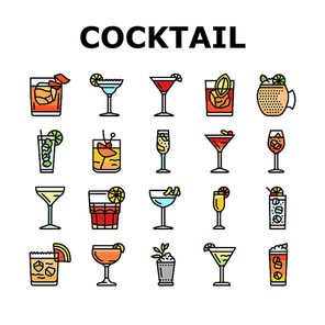 cocktail glass drink alcohol bar icons set vector. martini ice wine, party vodka cup, margarita beverage, mojito juice, champagne lemon cocktail glass drink alcohol bar color line illustrations