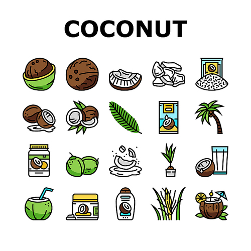 coconut coco fruit fresh white icons set vector. half milk, tropical oil, green nut, juice drink, food, brown whole natural water coconut coco fruit fresh white color line illustrations