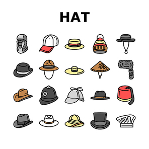 hat cap head man safety fashion icons set vector. female straw, cowboy work job, chef cook, woman panama, person vintage gentleman hat cap head man safety fashion color line illustrations