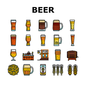 glass beer mug pint bar drink icons set vector. alcohol pub, cup foam, lager bottle, black ale, retro brewery, empty full craft glass beer mug pint bar drink color line illustrations