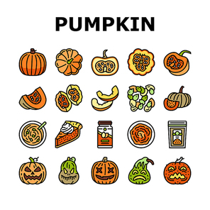 pumpkin halloween autumn orange icons set vector. thanksgiving, fall vegetable, cute decoration, face squash, scary evil lantern pumpkin halloween autumn orange color line illustrations