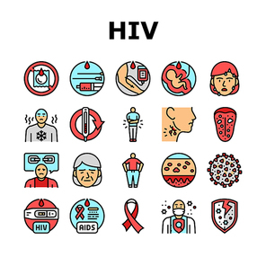 hiv aid health medical ribbon icons set vector. blood aids, virus aid, medicine cancer care, emergency cell, pharmacy heart hospital hiv aid health medical ribbon color line illustrations
