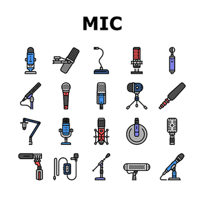 mic microphone voice podcast icons set vector. audio music, sound mike, speech studio, interview web button, vocal karaoke record mic microphone voice podcast color line illustrations