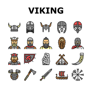 viking medieval norse helmet icons set vector. nordic ancient shield, knight barbarian warrior, sword ship, tattoo, rune armor viking medieval norse helmet color line illustrations