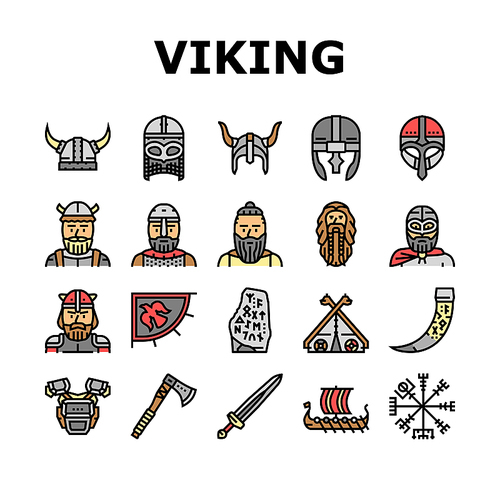 viking medieval norse helmet icons set vector. nordic ancient shield, knight barbarian warrior, sword ship, tattoo, rune armor viking medieval norse helmet color line illustrations