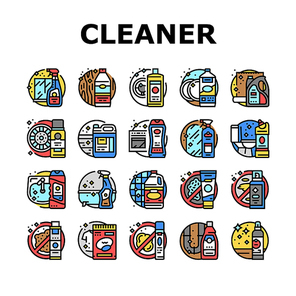 cleaner clean detergent wash hand icons set vector. product laundry, spray household, mop house, cleaning label, bottle liquid, service cleaner clean detergent wash hand color line illustrations