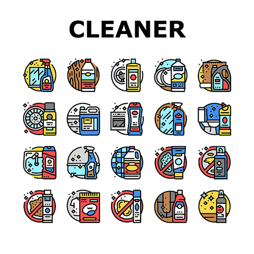 cleaner clean detergent wash hand icons set vector. product laundry, spray household, mop house, cleaning label, bottle liquid, service cleaner clean detergent wash hand color line illustrations