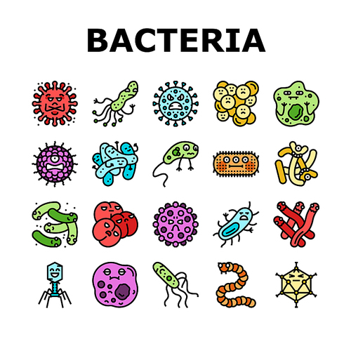 bacteria virus bacterium cell icons set vector. germ pathogen, disease biology microbe, micro microorganism, health medicine bacteria virus bacterium cell color line illustrations