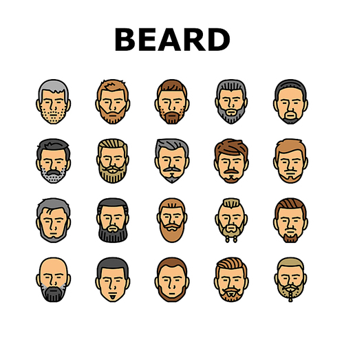 beard hair style face male icons set vector. hipster mustace, head men, hairstyle barber, portrait man, haircut character retro beard hair style face male color line illustrations