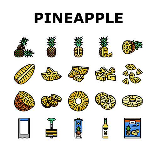 pineapple fruit tropical food icons set vector. summer slice, ananas fresh, sweet yellow cut, leaf graphic juicy, green half dessert pineapple fruit tropical food color line illustrations