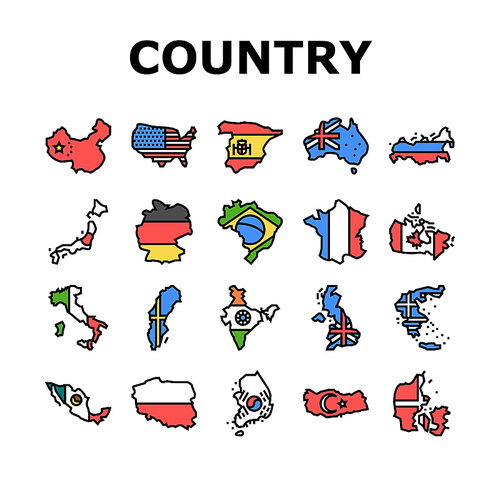 country world map global travel icons set vector. america flag, europe earth, africa globe, asia international, usa, planet geography country world map global travel color line illustrations
