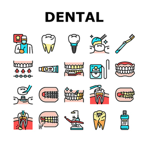 dental care dentist tooth implant icons set vector. dentistry health, medical oral clinic, toothpaste toothbrush, teeth doctor, medicine dental care dentist tooth implant color line illustrations