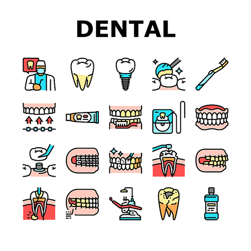 dental care dentist tooth implant icons set vector. dentistry health, medical oral clinic, toothpaste toothbrush, teeth doctor, medicine dental care dentist tooth implant color line illustrations