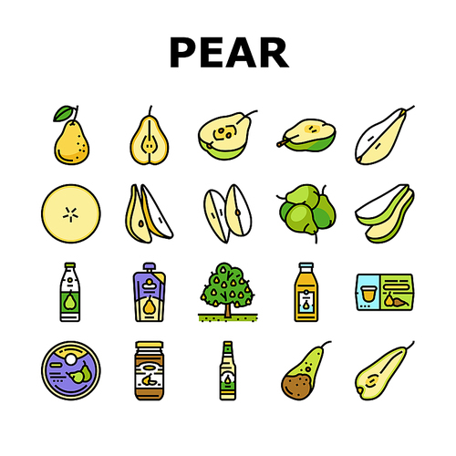 pear fruit green white leaf food icons set vector. piece, fresh half juicy slice, cut organic ripe tree, red asian sweet, raw seed pear fruit green white leaf food color line illustrations