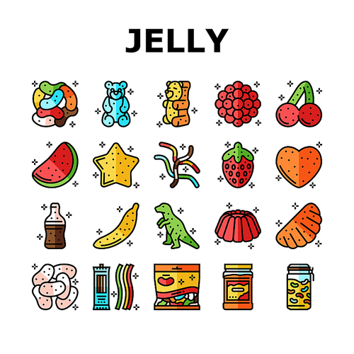 jelly candy gummy bear fruit gum icons set vector. sweet dessert, red colorul sugar bean, pink gelatin, cute marmalade slime, food mix jelly candy gummy bear fruit gum color line illustrations