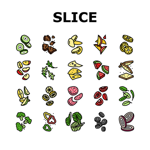 food slice cut fruit freah icons set vector. healthy vegetable, green salad, red tomato, falling onion, organic pepper, raw fry food slice cut fruit freah color line illustrations