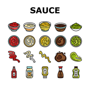 sauce ketchup food mayonnaise icons set vector. mustard, tomato, chili bbq, red splash, dressing spicy, barbecue dip bottle bowl sauce ketchup food mayonnaise color line illustrations