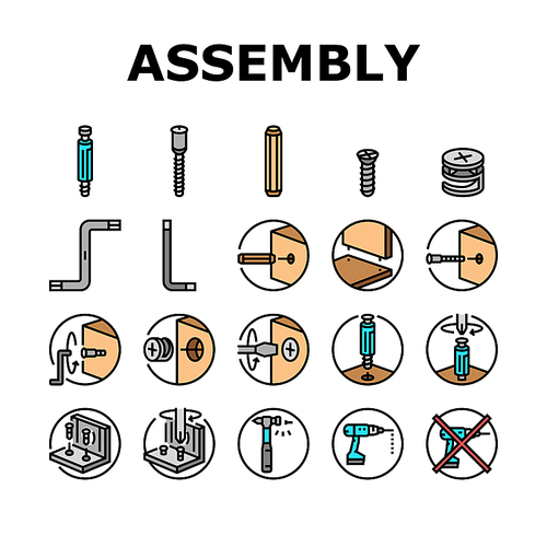 assembly furniture instruction icons set vector. manual diy, man home instructions, repair tools construction, house assemble screw assembly furniture instruction color line illustrations