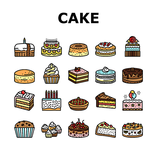 cake birthday food dessert party icons set vector. sweet chocolate celebration, cream bakery, pastry delicious, happy candle cupcake cake birthday food dessert party color line illustrations