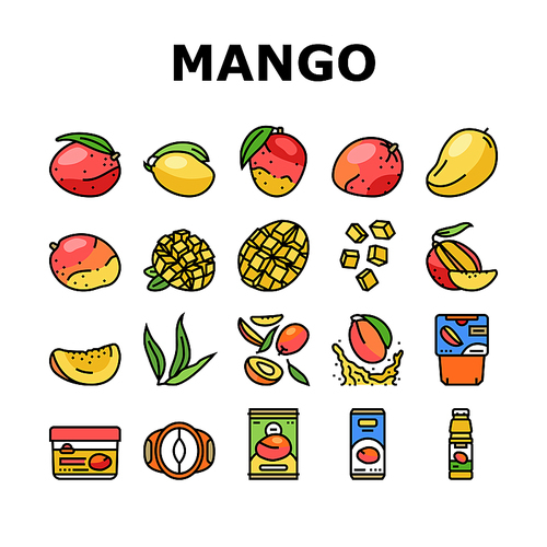 mango fruit fresh leaf yellow icons set vector. tropical slice, green cut, ripe food, juice sweet summer tree, red dessert, pulp mango fruit fresh leaf yellow color line illustrations