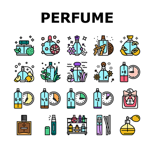 perfumery glass luxury cosmetic icons set vector. perfume woman beauty, aroma product, scent water, fashion smell, essence flask perfumery glass luxury cosmetic color line illustrations