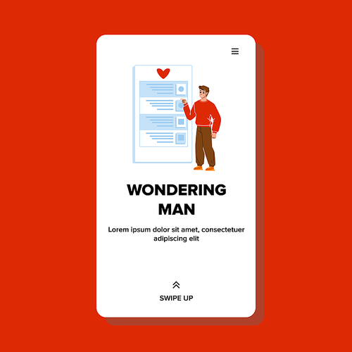 Wondering Man Checking Task List App Vector. Young Wondering Man Using Smartphone Application For Check And Monitoring Goal Achievement. Character Boy Web Flat Cartoon Illustration