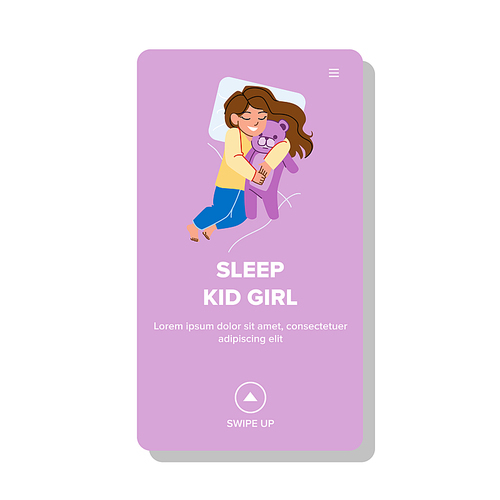 sleep kid girl vector. bed little child, night dream, bedroom pillow sleep kid girl web flat cartoon illustration