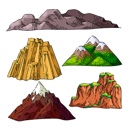 mountain landskape set hand drawn vector. nature background, vintage forest, hill adventure, rock peak, valley hiking, climbing travel mountain landskape sketch. isolated color illustration