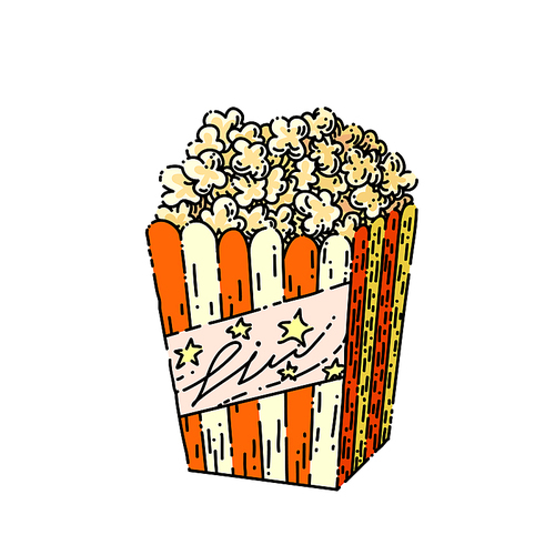 popcorn hand drawn vector. pop corn, cinema movie box, food bucket, film snack, red bag container popcorn sketch. isolated color illustration