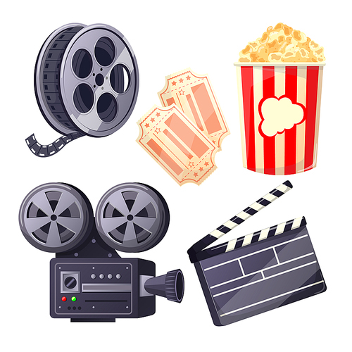 cinema movie set cartoon. ticket, clapper board, film strip, retro video camera, popcorn cinema movie vector illustration