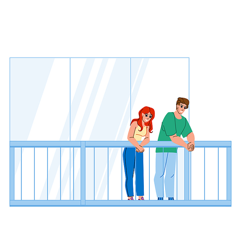 couple balcony vector. young woman man, love together, boyfriend romantic, lifestyle romance, vacation couple balcony character. people flat cartoon illustration