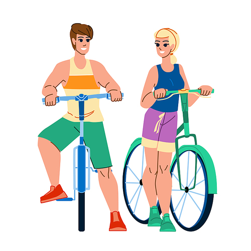 couple biking vector. woman bike man, summer bicycle, active lifestyle, ride leisure, sport adult, nature happy, fun outdoor couple biking character. people flat cartoon illustration