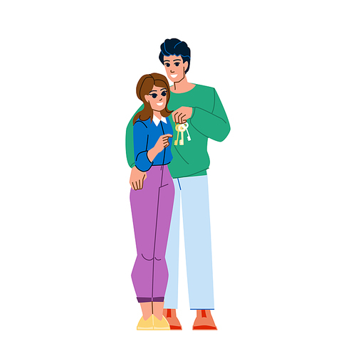 couple buing home vector. happy together, house female male, woman, new mortgage, family estate, person two, indoors couple buing home character. people flat cartoon illustration