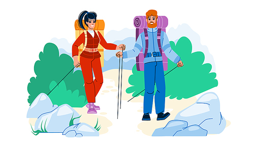 couple hiking vector. nature woman, happy adventure man, together backpack, active male, leisure walking, hike travel couple hiking character. people flat cartoon illustration