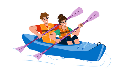 couple kayaking vector. kayak water, summer adventure, activity young, sport leisure, canoe lake, active fun, sea canoeing, vacation couple kayaking character. people flat cartoon illustration