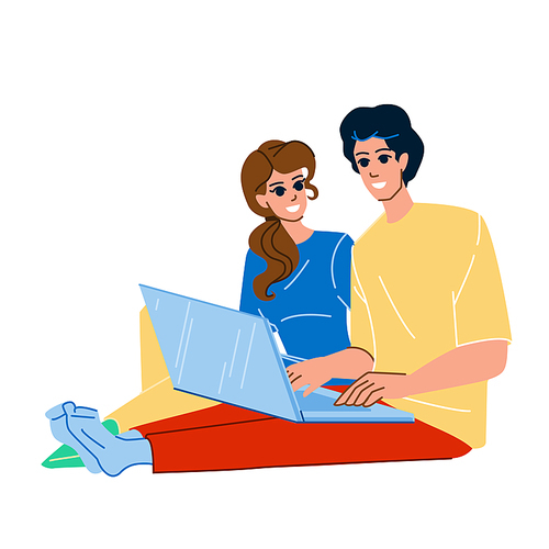 couple laptop vector. home, indoors, technology smiling, adult happy, sitting computer, online man, internet beautiful woman couple laptop character. people flat cartoon illustration