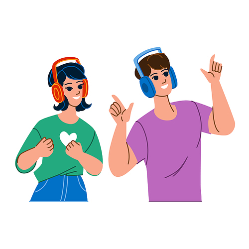 couple listening music vector. man happy, young woman, girl together, male female, friendship technology, love mobile, beautiful couple listening music character. people flat cartoon illustration