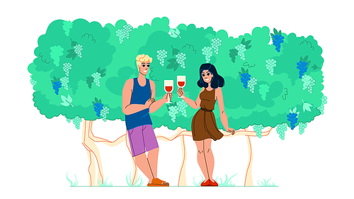 couple vineyard vector. winery wine, happy female, man nature, outdoor woman, food agriculture, caucasian joy, person landscape couple vineyard character. people flat cartoon illustration