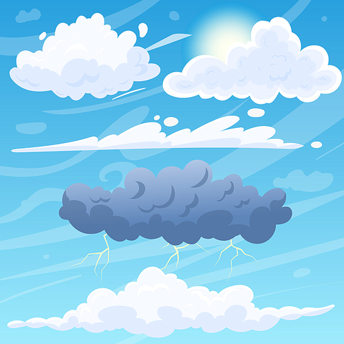 cloud sky set cartoon vector weather art, heaven storm, nature rain, air dream flat cartoon color illustration