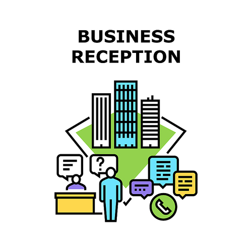 Business Reception Office Vector Icon Concept. Business Reception Office, Receptionist Talking With Businessman On Phone And Chatting E-mail, Consultation And Advising Color Illustration